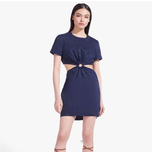 STAUD Women’s Navy Blue 100% Linen Short Sleeve Side Cut Out Mini Dress NEW